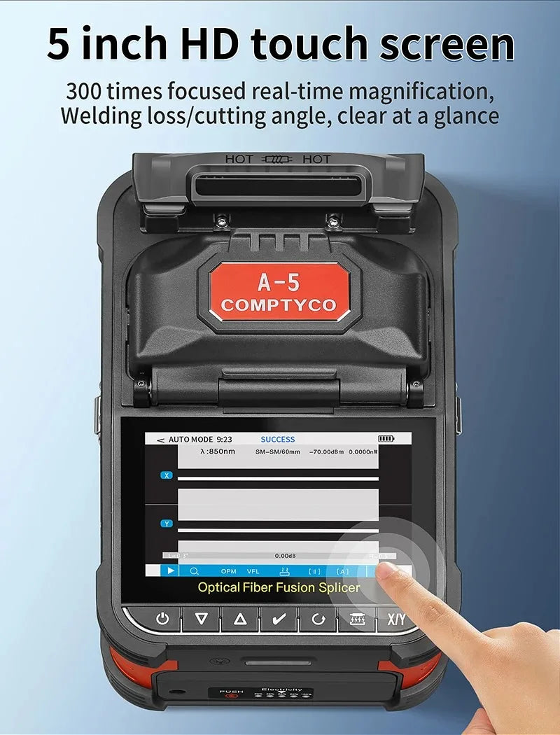 COMPTYCO A-5 épisseuse de Fusion de fibres optiques 6 moteurs multilingue SM MM noyau de fibres optiques Machine de soudage thermofusible construite dans VFL OPM
