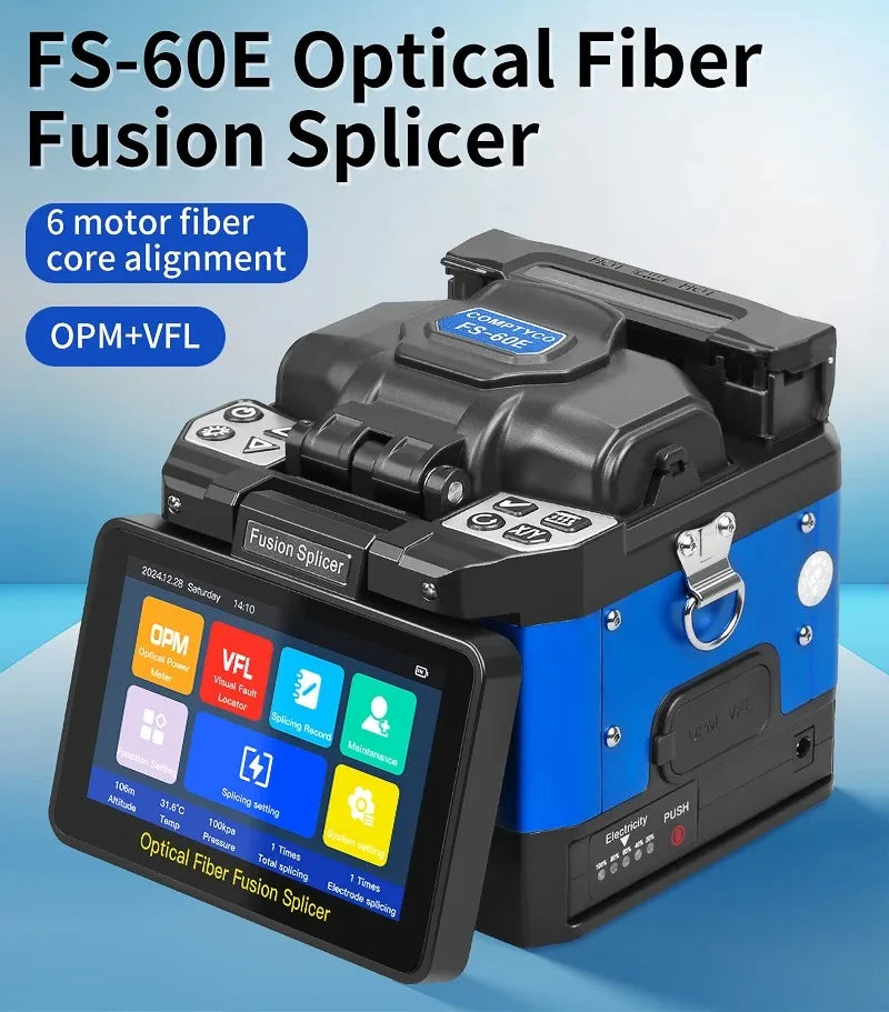 COMPTYCO FS-60E épisseuse de Fusion de fibres 6 moteurs Machine thermofusible de fibres optiques fonction OPM VFL intégrée avec kit d'outils de fibres optiques