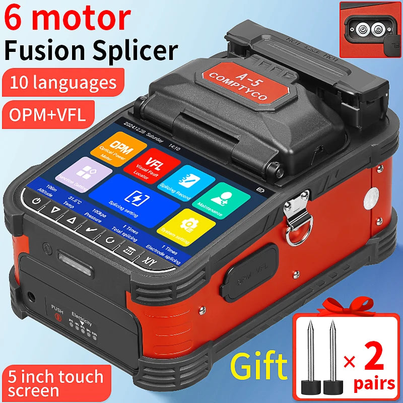 COMPTYCO A-5 épisseuse de Fusion de fibres optiques 6 moteurs multilingue SM MM noyau de fibres optiques Machine de soudage thermofusible construite dans VFL OPM